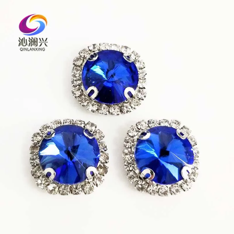 

Round shape top glass crystal rhinestones with hole,Light blue Silver bottom sew on stone for Diy Clothing accessories SWWK12