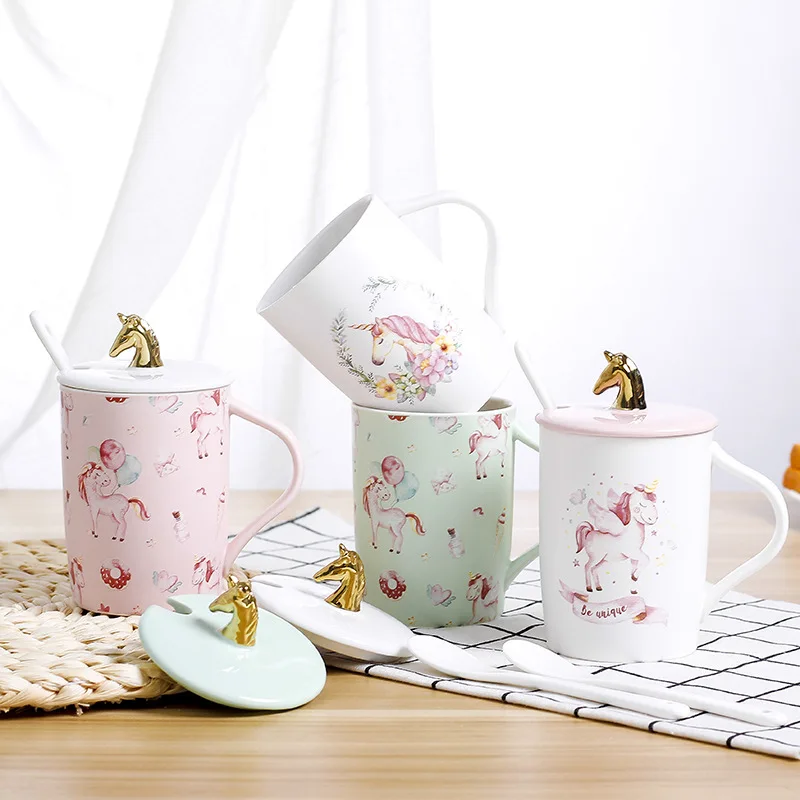 

Gold-plated unicorn coffee mug with spoon lid,Creative cup 3D relief modeling mugs Essential Drinkware for fashion people 400ml
