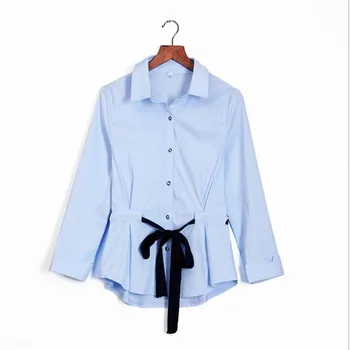 

New Spring Summer 2019 Women Bow Mediumn-Long Blouses Female Turn-Down Collar Long Sleeve Slim Elegant Bow OL Blouses CQ1428