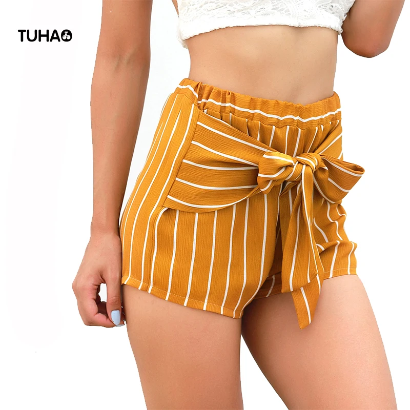 TUHAO 2019 Thin Elastic High Waist Shorts Women Striped