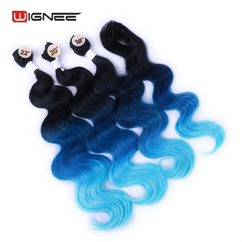 Wignee синтетические волосы для наращивания для черных женщин Красочные пряди волос с закрытием 3 тона Омбре цвет фиолетовый/синий/серый волосы
