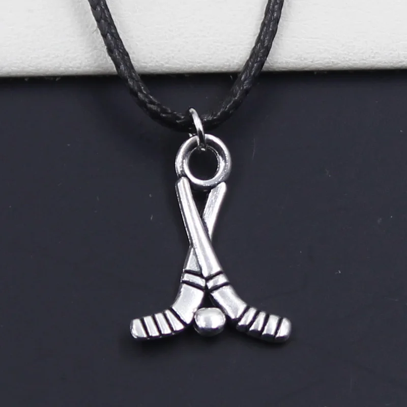 

New Durable Black Faux Leather hockey club Pendant Cord Choker DIY Necklace Retro Boho Tibetan Silver