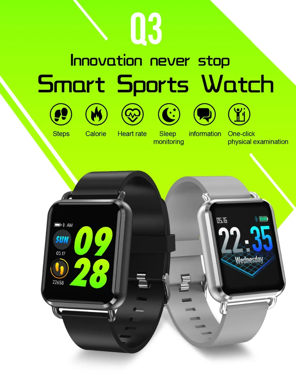 Smart bracelet 1.3' Color LCD Fitness Tracker Alarm Heart Rate Blood Oxygen Pressure Sport Music Control for Iphone IOS Samsung