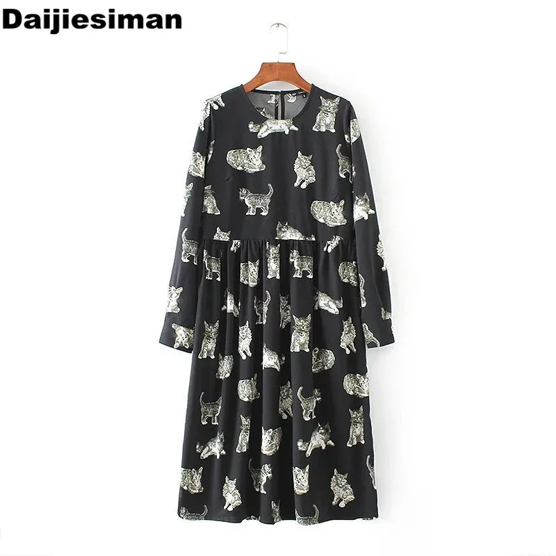 

2017 Spring Long Dresses Women Cute Cartoon Cat Print Pleated Black Dresses Long Sleeve Casual For Party Vestidos Streetwear