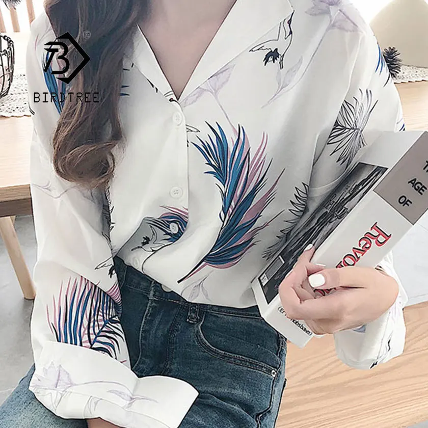 

2019 New Fashion Woman Plant Print Streetwear Shirt Single Breasted Turn down Collar Long Sleeve Chiffon Feminina Sales T8D434Z
