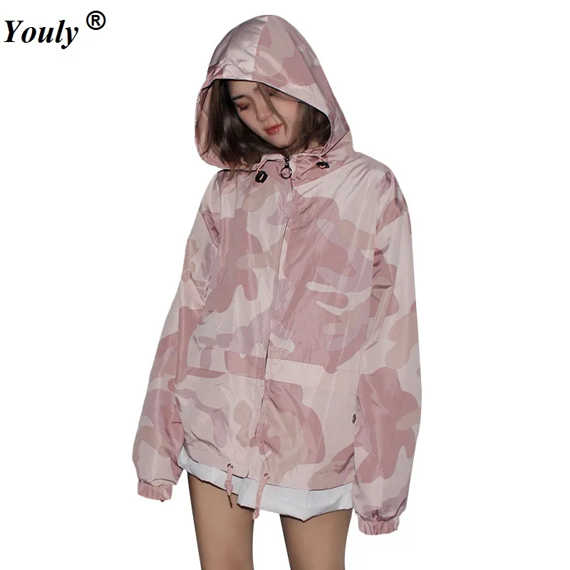 Camouflage Pink Hooded Windbreaker Jacket 2021 Spring Autumn Women  Zipper Pockets Casual Long Sleeves Feminino Coats Outwear