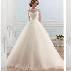 Старинные c высоким горлом Кружева Vestidos De Novia Фея Кепки рукав с плиссированным тюлем, а-силуэт, длинный Свадебные платья роскошное свадебное