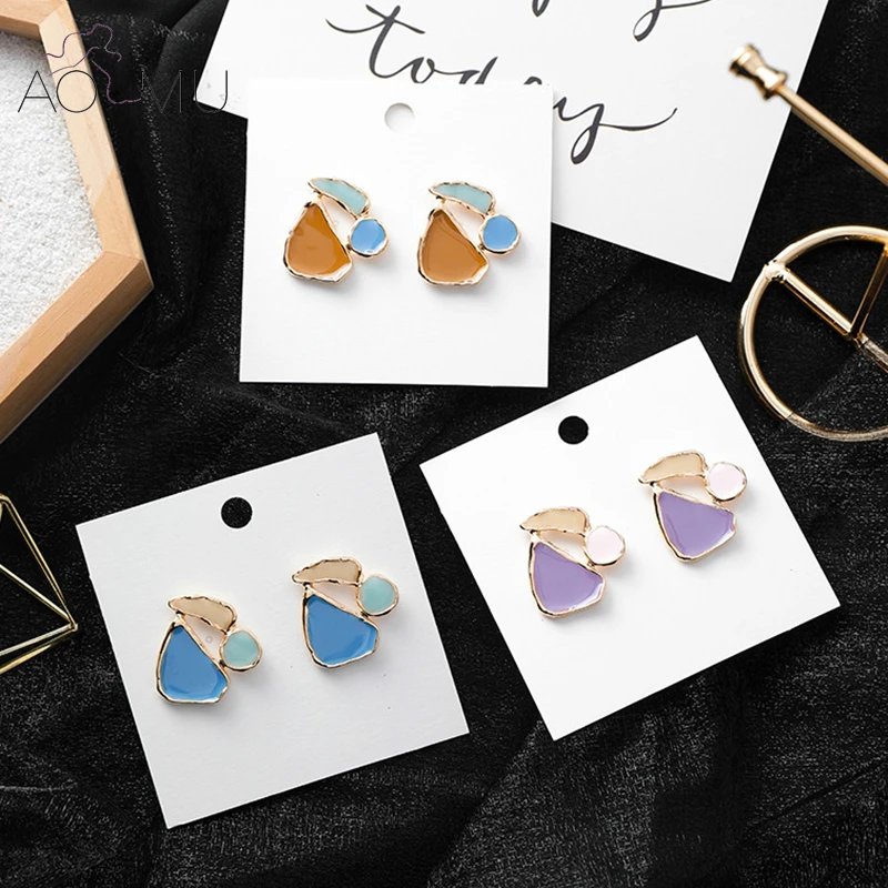 

AOMU New S925 Sterling Silver Pin Trendy Geometric Irregular Splice Round Hit Color Enamel Stud Earrings for Women Party Jewelry