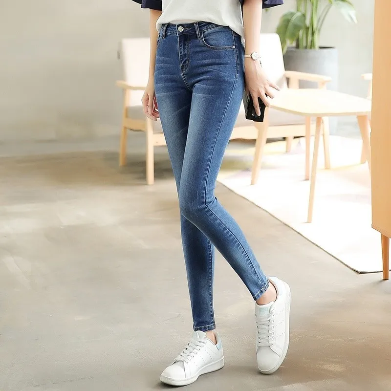 Джинсы женские с высокой талией стрейч большого размера лето осень полная длина обтягивающие тонкие джинсовые брюки для женщин черный синий