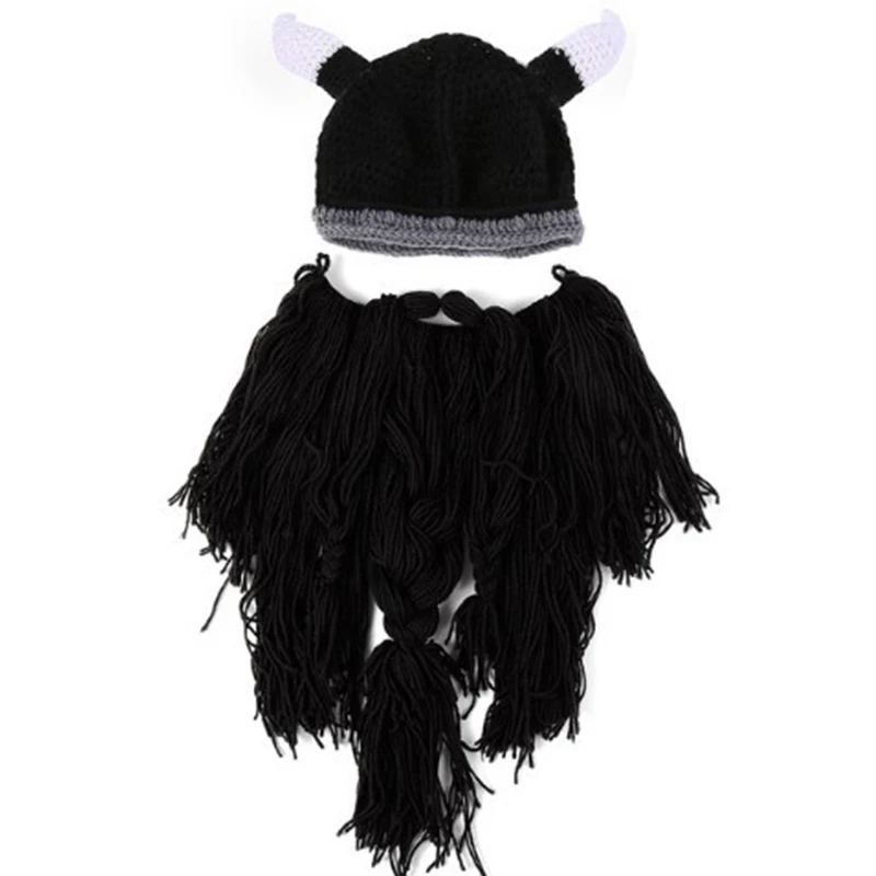  Bearded Horns Hand-knitted Hat Men Funny Gag Halloween Cap Winter Warm Handmade Barbarian Viking Beanie Beard Horn Caps CP0170  (4)
