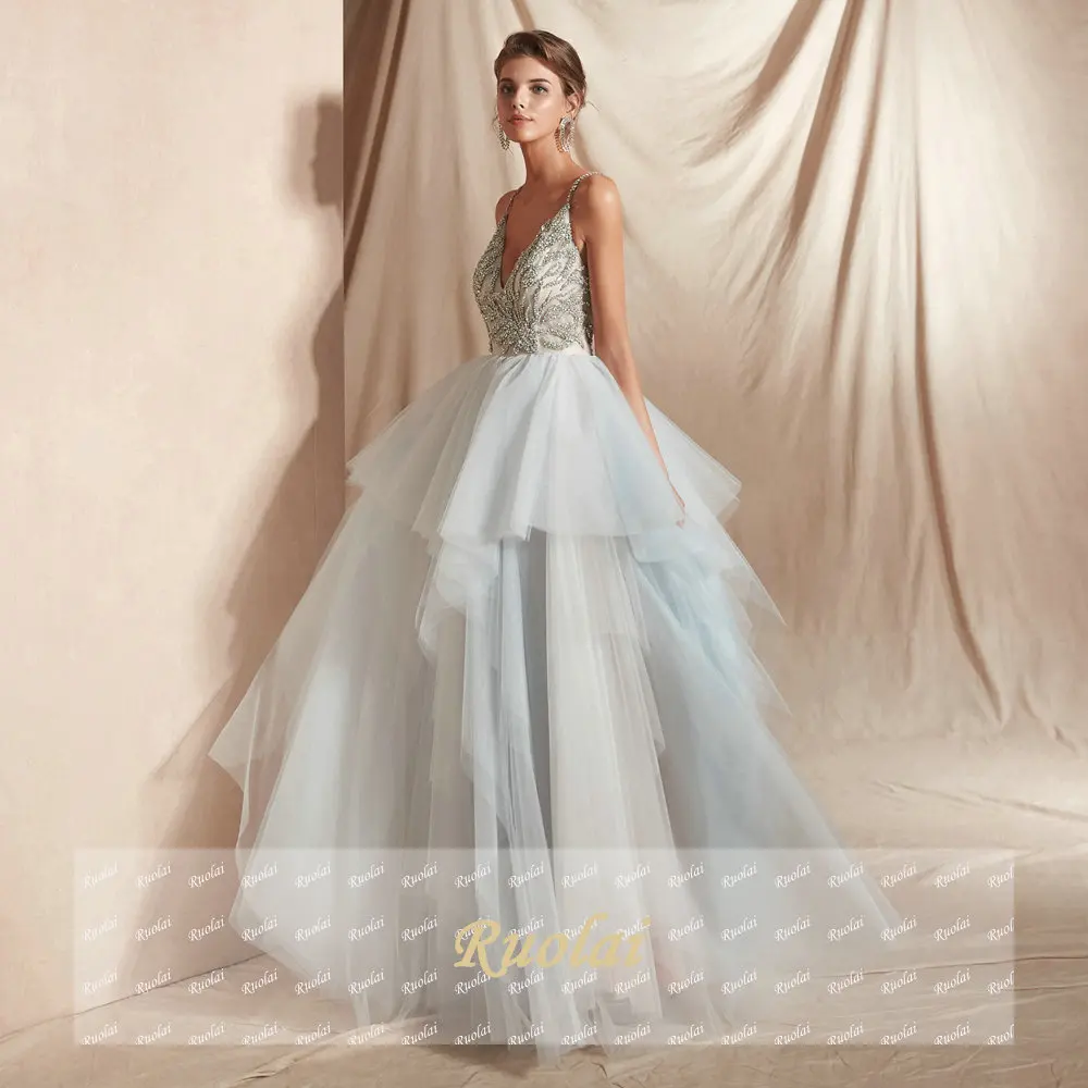 Luxury Evening Dresses Long 2018 V Neck Heavy Beaded Crystal Formal Dresses Evening Gowns for Women Party Dresses Cross Back