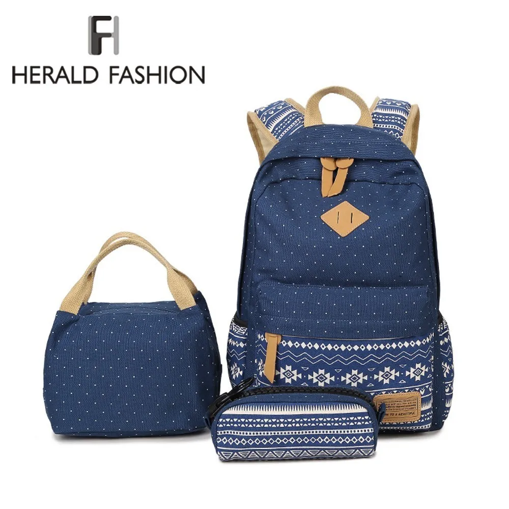 

Herald Fashion Women 3 PCS Set Backpack School Lunch Backpack & Pencil Case for Teenagers Girls Quality Dot Canvas Laptop Bag