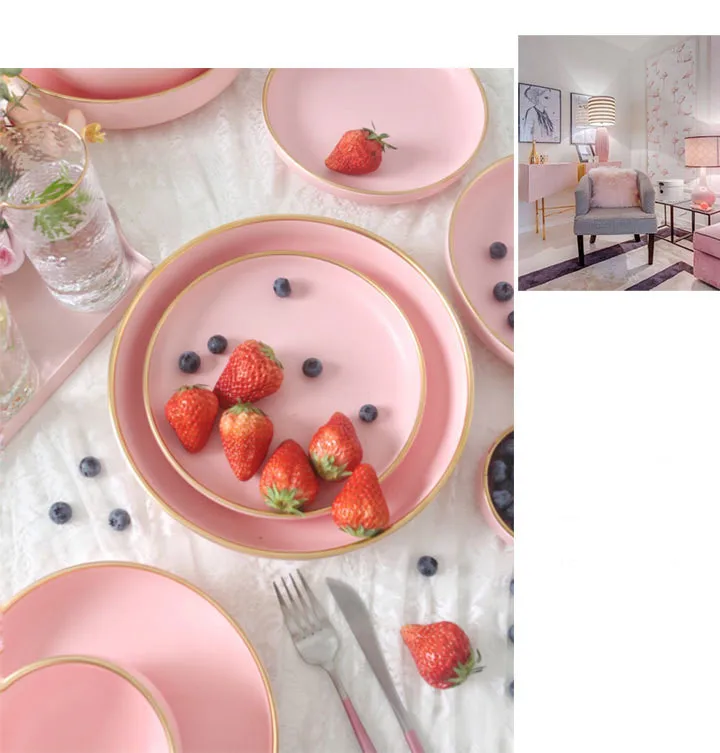 Твердый розовый керамический лист золотой край живопись фарфоровая чаша тарелка ложка посуда набор Западная разделочная доска тарелки для закуски тарелка