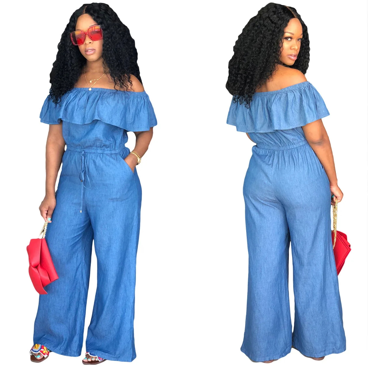 2019 new one-neck baggy denim jumpsuit 2019 new one-neck baggy denim jumpsuit