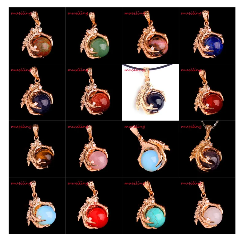 

2016 Charms 16mm Natural Gem Stone Round Bead Dragon Claw Pendant Gold Plated Rhinestone Cool Men's Jewelry 20Pcs Mix Order
