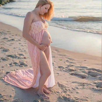 

Lace Double-Deck Front Opening Long Tail Maternity Dresses For Photo Shoot Maternity Photography Props Pregnancy Dress 2019