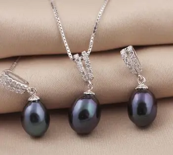 

Selling Jewelry>>> Solid 925 Sterling Silver Jewelry Set For Women Real Freshwater Black Pearl Necklace Earrings Water