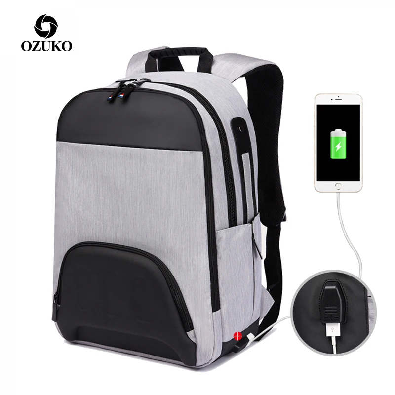 

OZUKO Fashion Man Backpack USB Charging 15.6inch laptop Backpacks School Bag For Teenage Male Travel Mochila Patchwork Back Pack