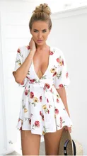 Free shipping women fashion floral sexy v-neck casual print jumpsuit white and flower print summer playsuit 4F2481 S,M,L,XL