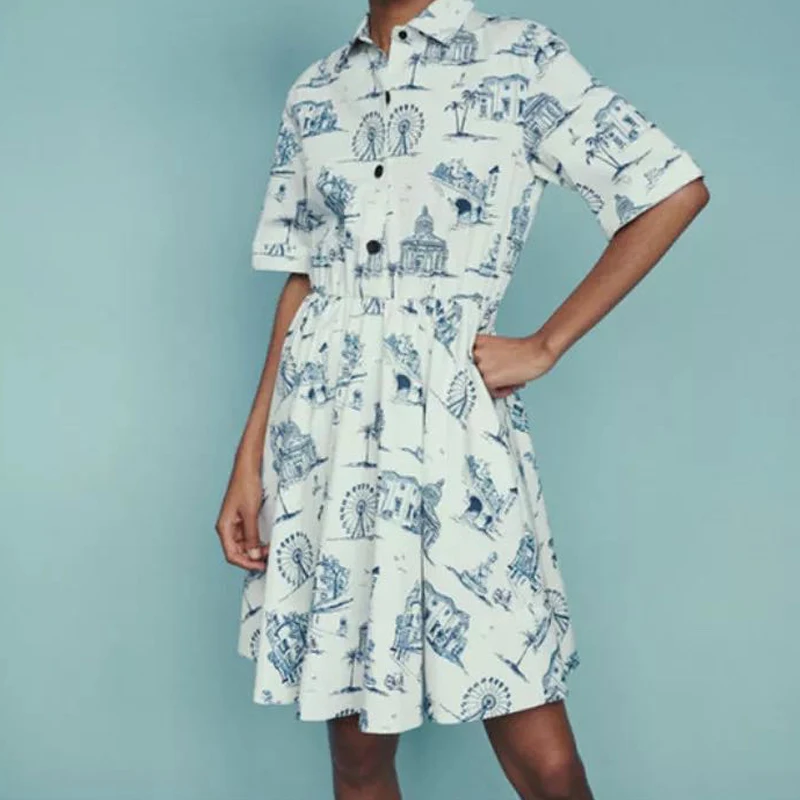 

Women Dress 2019 Spring and Summer Print Casual Waist Single-breasted Dress