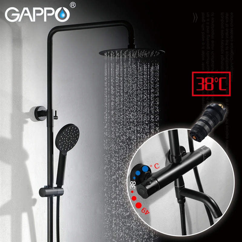 GAPPO Thermostatic Shower System Chrome Black Faucet Bathroom Bath Shower Mixer Set Waterfall Rain Head Bathtub Taps