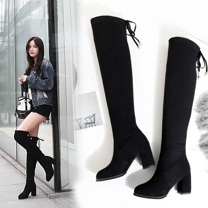 

2018 winter new European and American over the knee boots high heel plus velvet slim elastic long boots pointed thick with high