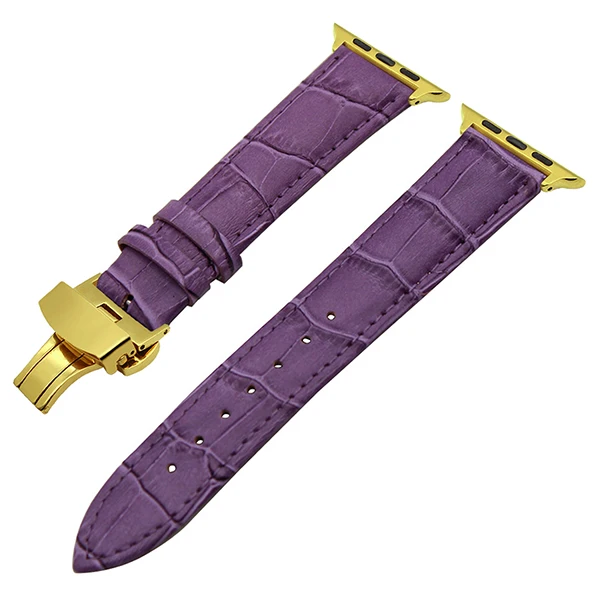 Purple G Натуральная кожа ремешок для наручных часов iWatch, версия Apple Watch 38/40/42/44 мм Series 5 4 3 2 1 группа Сталь бабочка Туфли с ремешком и пряжкой под крокодиловую кожу браслет - Цвет ремешка: Purple G