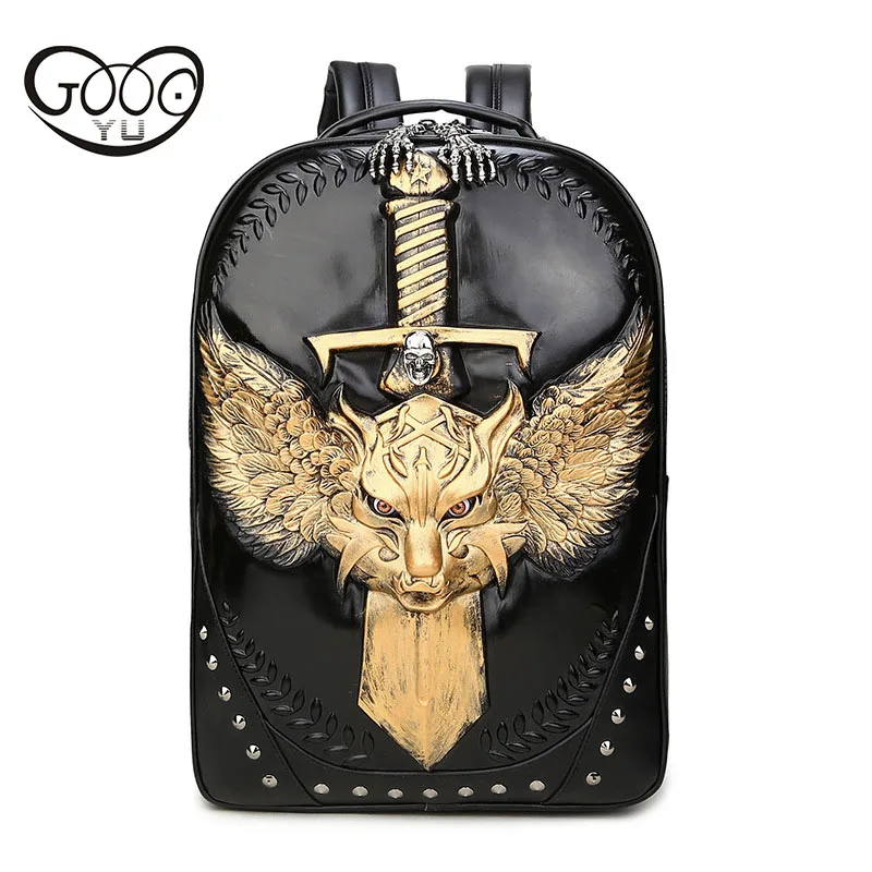 

Relief shape leather backpack men portable Embossed rivet tide willow laptop backpack Besign needle metal buckle travel bag