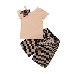 Хлопковые топы с оборками для маленьких девочек, Короткие штаны комплект одежды из 3 предметов летние футболки с открытыми плечами и шорты