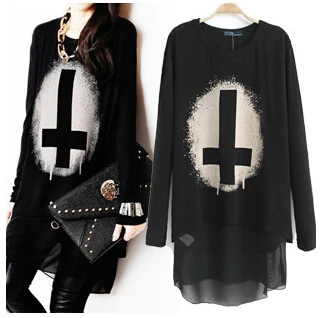 

2015 summer new t-shirts womens fashion Cross print long Chiffon tshirt tops clothing woman