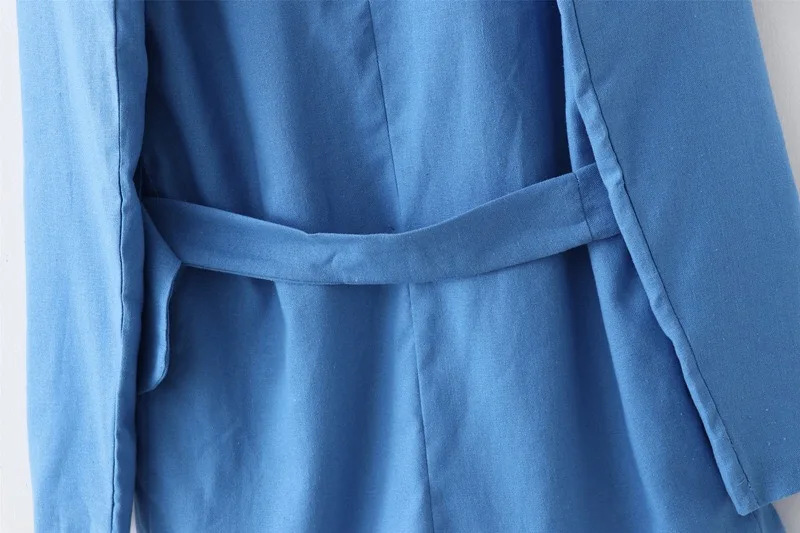 Новинка, женский летний Блейзер синего цвета с поясом из хлопка и льна, винтажный приталенный длинный Костюмный пиджак с зубчатым воротником, верхняя одежда, 1 комплект