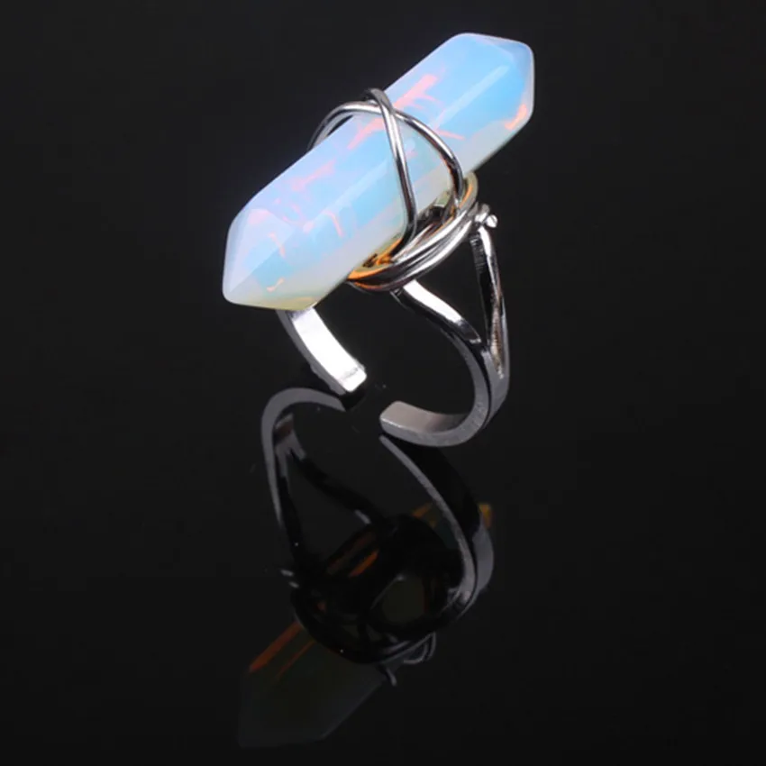 

FYJS Unique Silver Plated Wire Wrap Hexagon Column Resizable Finger Ring Opalite Opal Jewelry