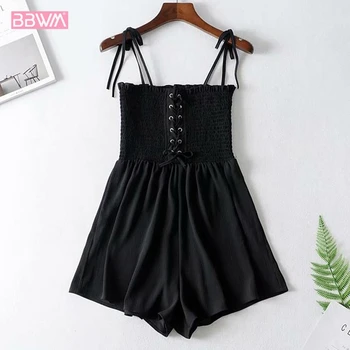 

2019 new Korean holiday wind wooden ear tube topless back small fresh solid color tie casual female jumpsuit Black leisure vacat