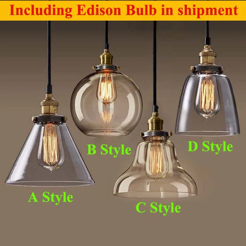 

Retro Vintage Pendant Lights Clear Glass Lampshade Loft Pendant Lamps E27 110V 220V for Dinning Room Home Decoration Lighting