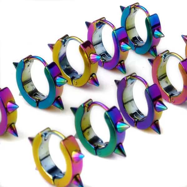 

10Pairs/lot Fashion Punk Spike Hoop Earrings For Men Stainless Steel Men's Spike Earrings Hoop Huggie Black/Silver/Gold