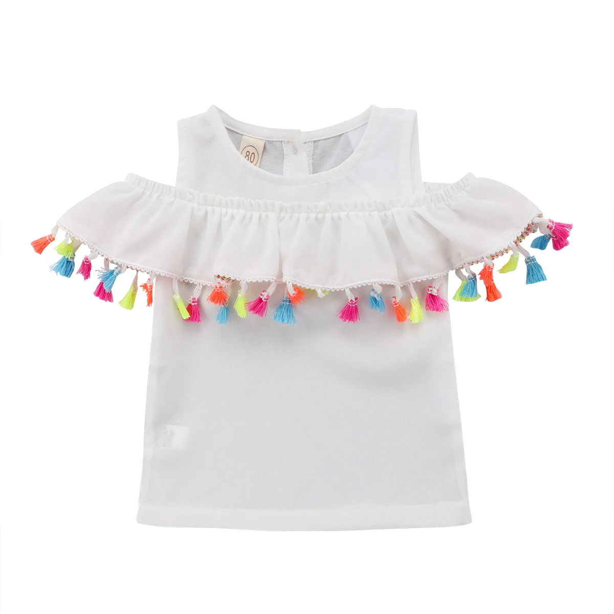 

Girl T-shirt Kids Baby Fashion Clothes Tassels T-shirt White Blue/White Cotton Off-shoulder Shirt 0-4T