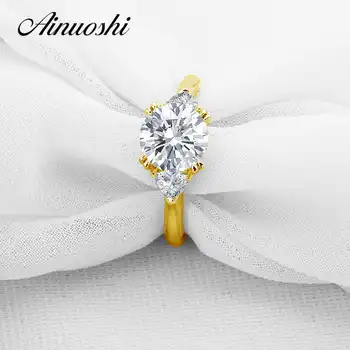 AINUOSHI Luxury Concise 3 Stones Round Ring 14K Solid Yellow Gold Band 2 Carat Simulated Diamond Engagement Women Ring Jewelry - Category 🛒 Jewelry & Accessories