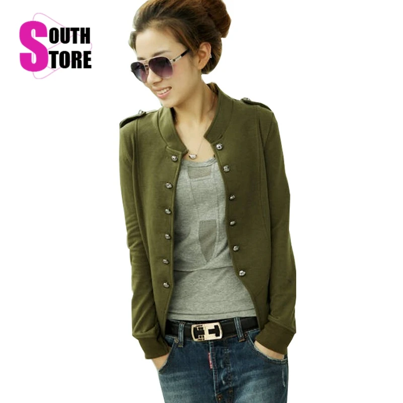 2017 New Autumn Women's Fashion Jackets Lady Casual Stand Collar Cotton Army Green Double