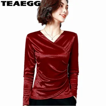 

TEAEGG Elegant Blusas Mujer De Moda 2020 Velvet Womens Tops And Blouses Blusa Feminina Lone Sleeve Blouse Plus Size 3XL AL1177