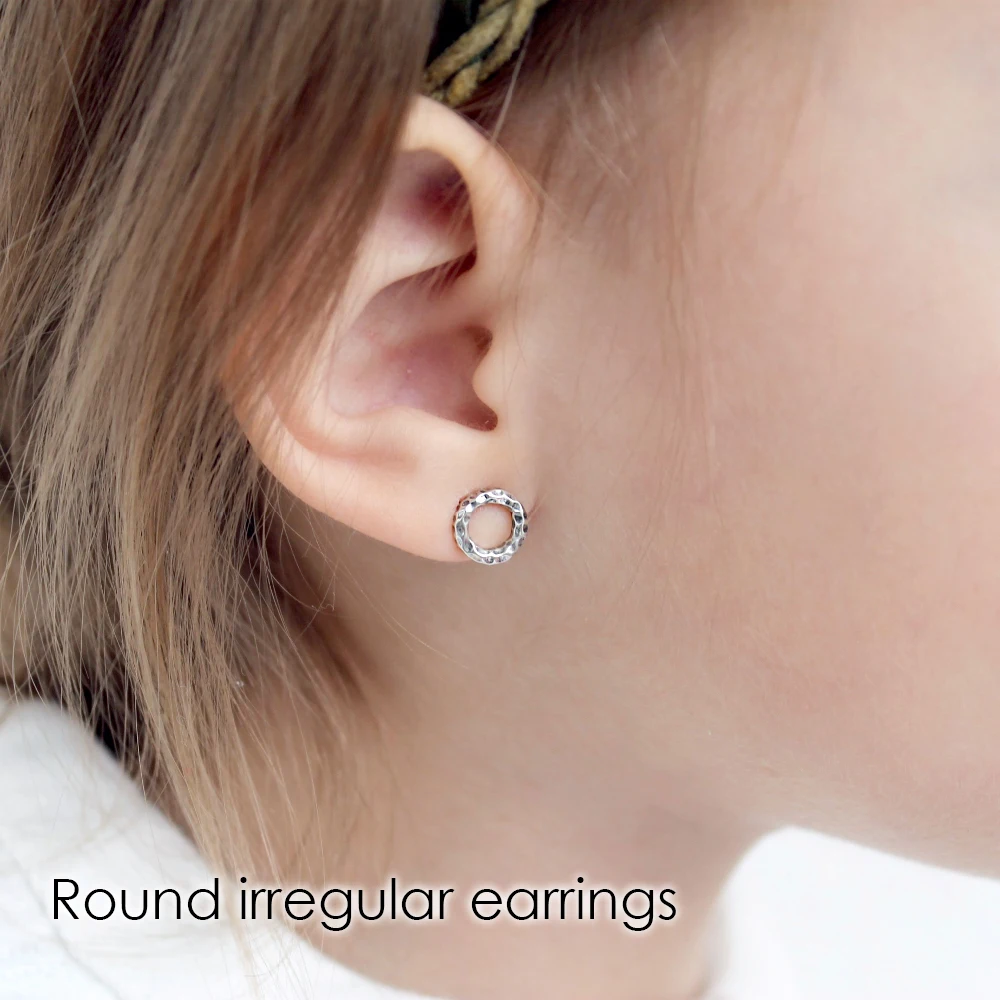e-Manco Simple 925 Sterling Silver Round Stud Earrings for Women Uneven Circle Earrings New Two Geometric Fine Jewelry