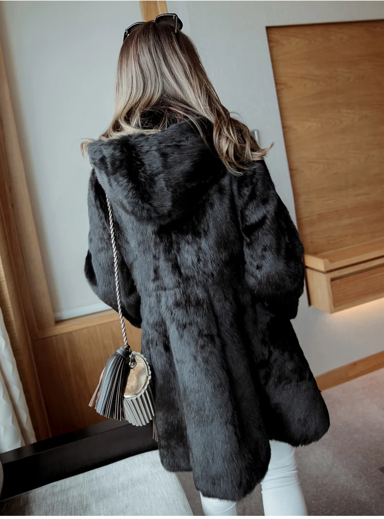 Пальто свободного кроя с капюшоном из натурального кроличьего меха, Женское пальто с кристаллами и длинным рукавом, теплая зимняя куртка из натурального меха, Женское пальто