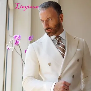 

Linyixun 2017 Latest Coat Pant Designs Ivory Double Breasted Blazer Men Suit Casual Jacket Custom mens Suits Skinny Tuxedo
