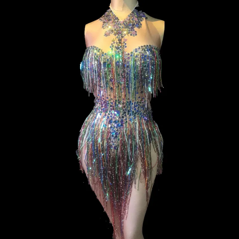 Кристиа Белла Bling Стразы боди для женщин сценические костюмы для ночного клуба с кисточками комбинезон сексуальные наряды для певицы представление