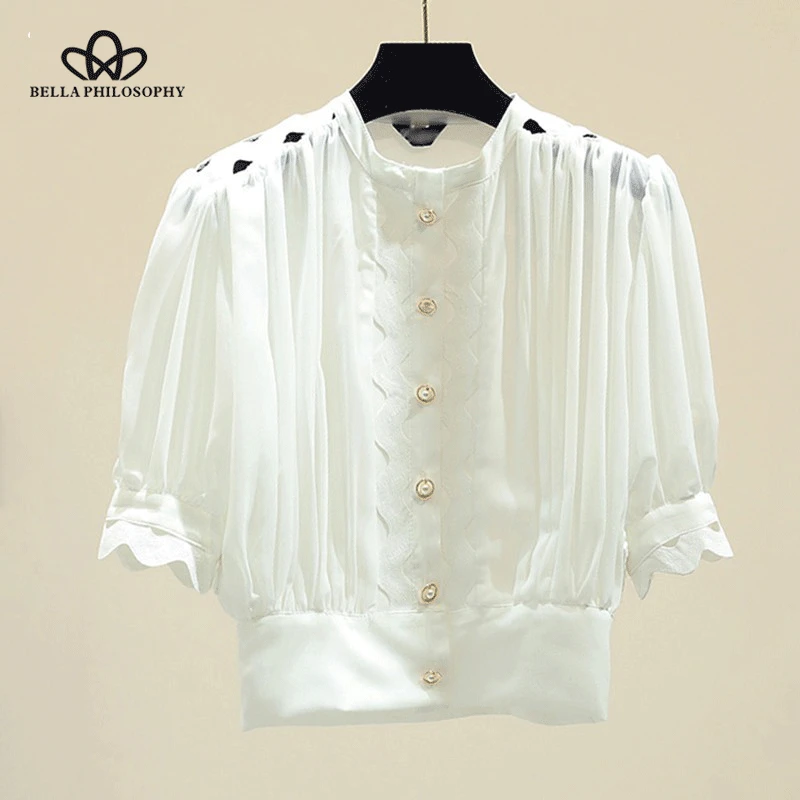 Sexy Solid Hollow Out Blouse For Women O Neck Puff Sleeve Button Slim Shirt Crop Tops Female 19 Summer Fashion Wonder Store