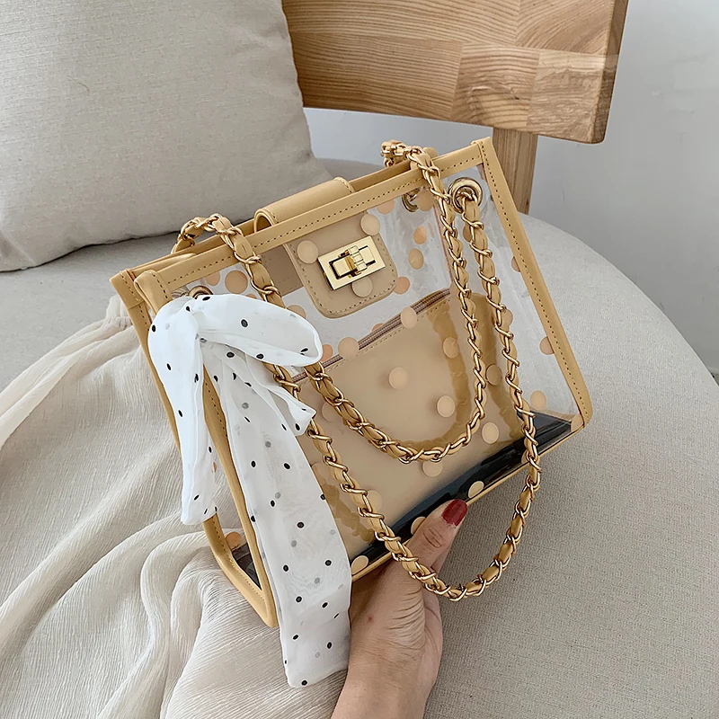 

Transparent Jelly Travel bag 2019 Summer New High Quality PVC Women's Designer Handbag Ribbon Bow Chain Shoulder Messenger bag