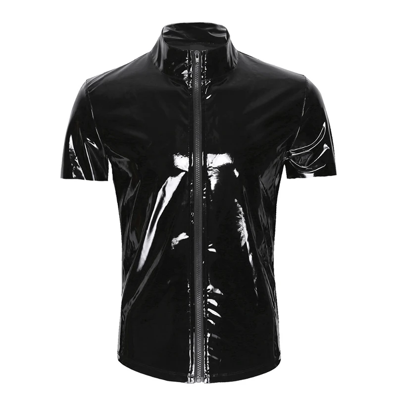 2019 Men's Sexy Faux Leather Pole Dancing Uniform Black Shiny Patent Leather PVC Latex Top with Zipper DS Nightclub Punk Uniform (8)
