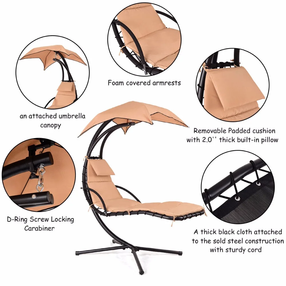 Giantex Hanging Chaise Lounger Chair Arc Stand Porch Swing Hammock Chair W/ Canopy Khaki Outdoor Furniture OP3460CF Giantex Hanging Chaise Lounger Chair Arc Stand Porch Swing Hammock Chair W/ Canopy Khaki Outdoor Furniture OP3460CF