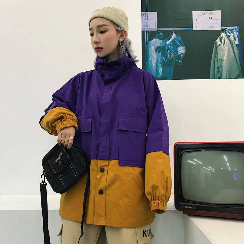 

Patchwork Contrast Hiphop Oversize Loose Cargo Streetwear Belt Turtleneck Trench Korean 2019 Windbreaker Coat Chaqueta Tracksuit