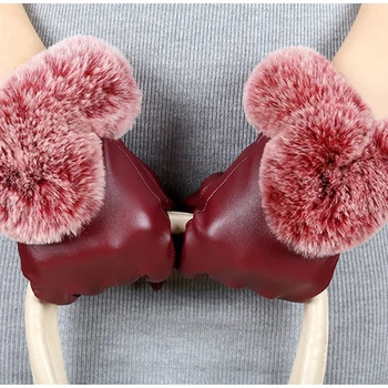 

KLV Women Winter Warm Faux Leather Touch Screen Faux Rabbit Fur Cuff Gloves Elegant