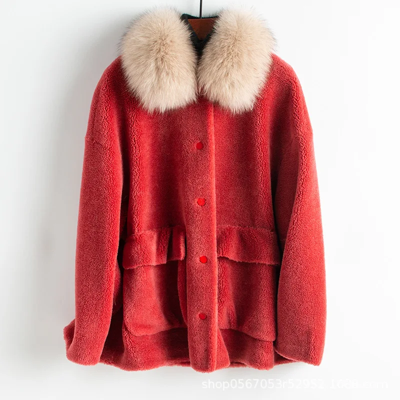 

Fox Fur Collar Wool Jacket Real Fur Coat Autumn Winter Coat Women Clothes 2019 Streetwear Korean Vintage Sheep Shearling ZT3327
